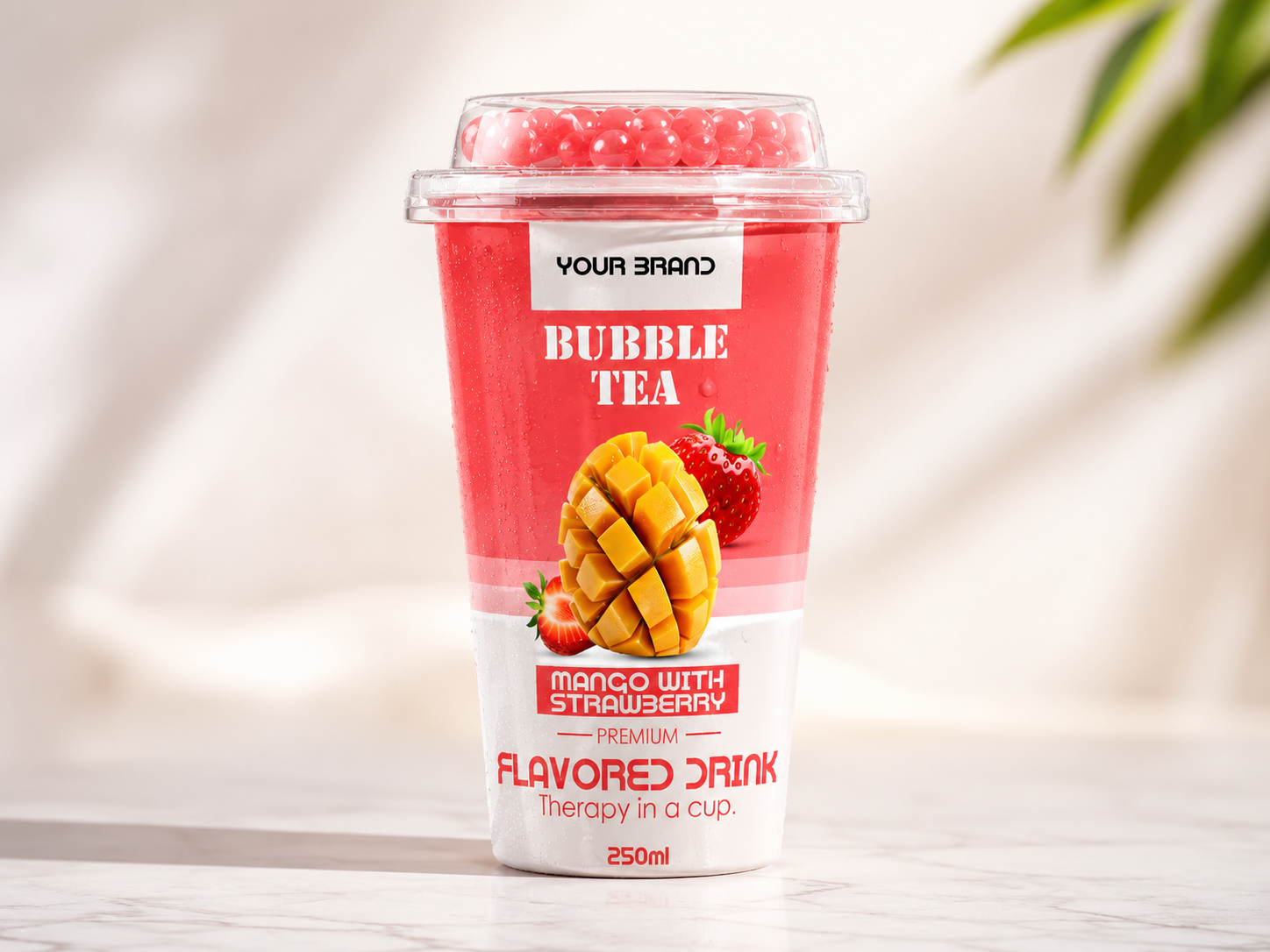 BUBBLE TEA Mango with Strawberry flavour in a 250ml cup.